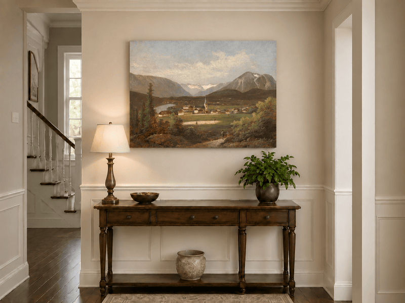 Landscape Oil Painting - Alpine Village Valley, Church, Mountains