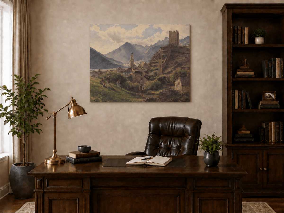 Landscape Oil Painting - Alpine Village with Castle and Peaks