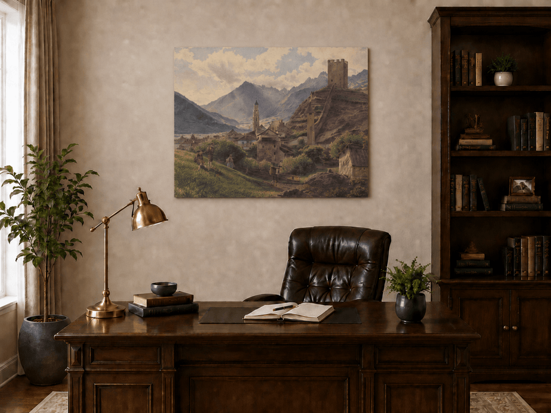 Landscape Oil Painting - Alpine Village with Castle and Peaks