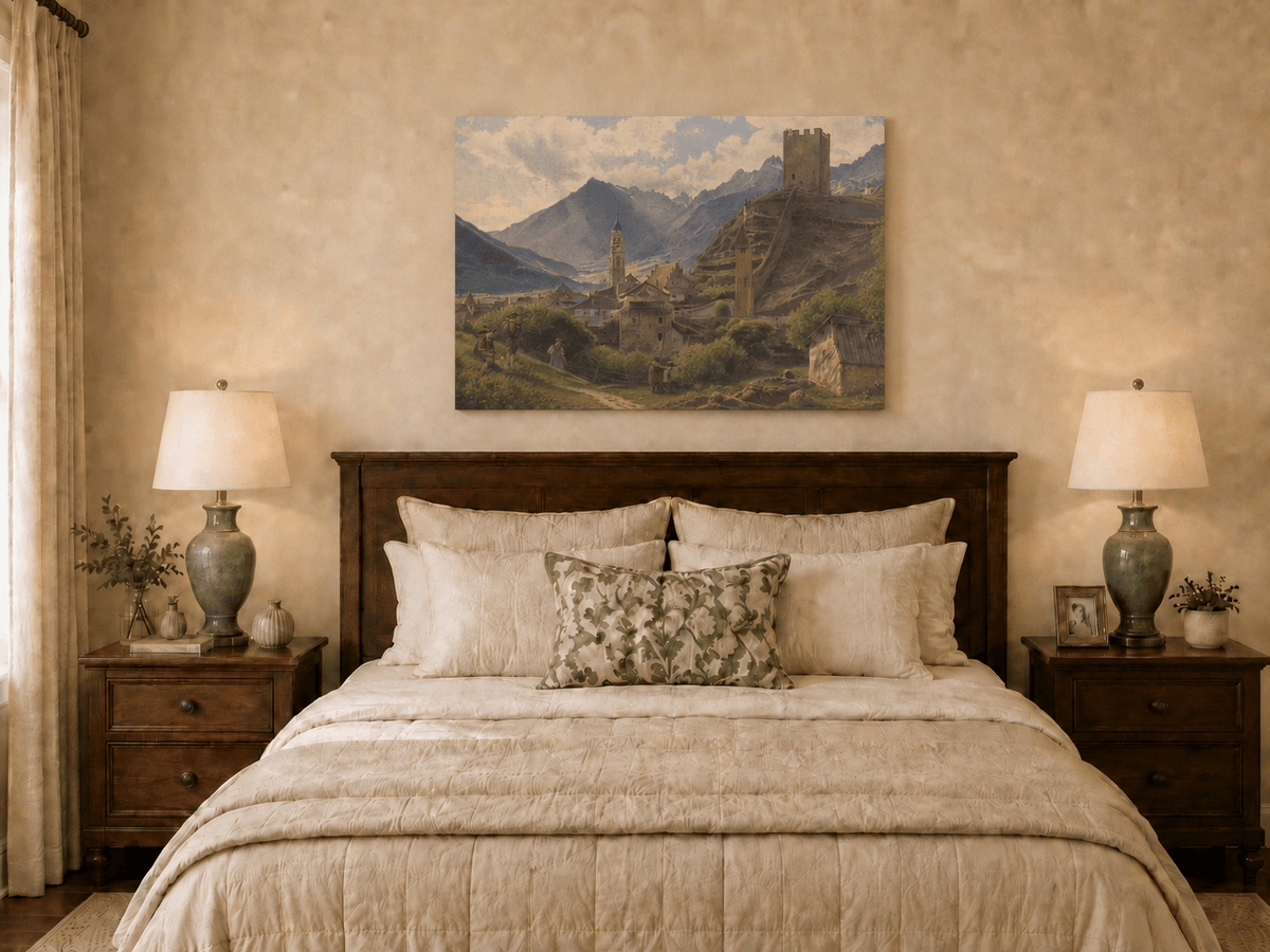 Landscape Oil Painting - Alpine Village with Castle and Peaks
