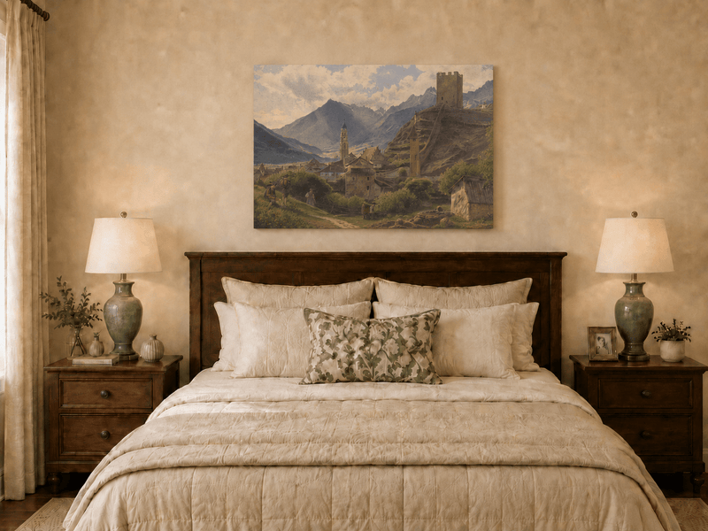 Landscape Oil Painting - Alpine Village with Castle and Peaks