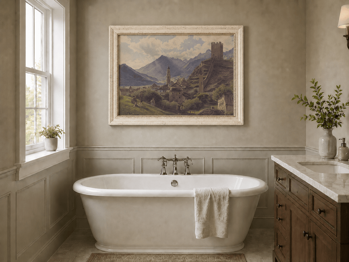 Landscape Oil Painting - Alpine Village with Castle and Peaks
