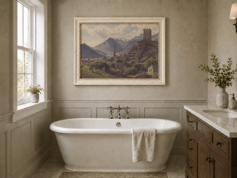 Landscape Oil Painting - Alpine Village with Castle and Peaks