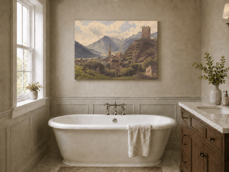 Landscape Oil Painting - Alpine Village with Castle and Peaks