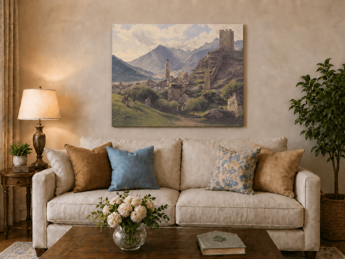 Landscape Oil Painting - Alpine Village with Castle and Peaks