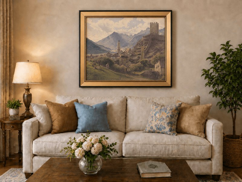 Landscape Oil Painting - Alpine Village with Castle and Peaks