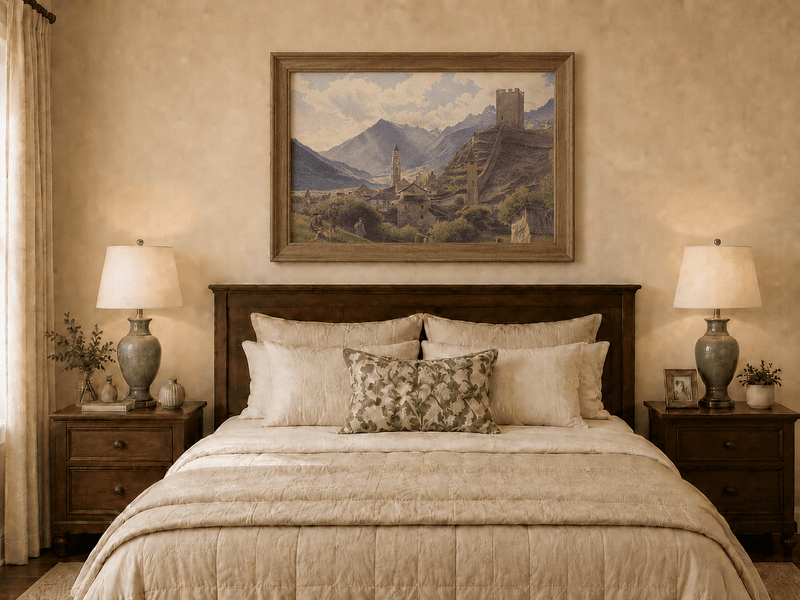 Landscape Oil Painting - Alpine Village with Castle and Peaks