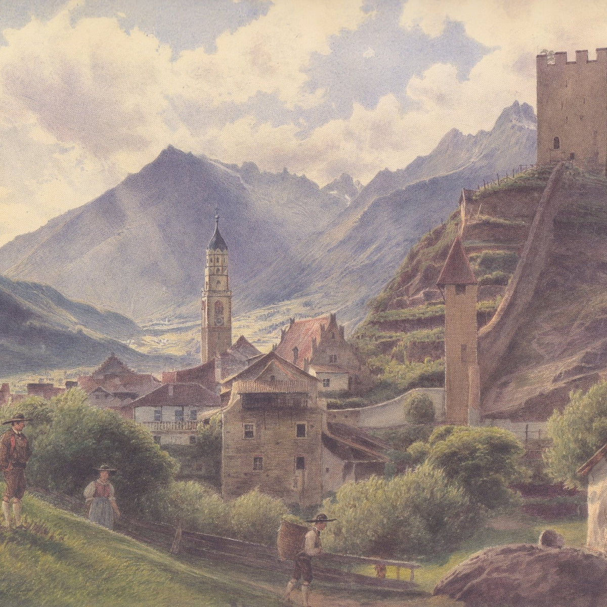 Hand-painted alpine village with castle and peaks landscape oil painting on canvas