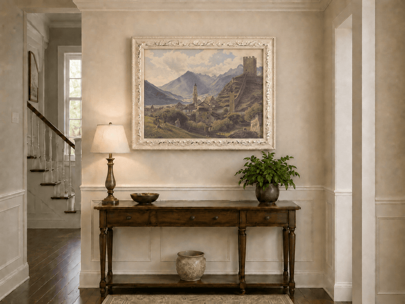 Landscape Oil Painting - Alpine Village with Castle and Peaks