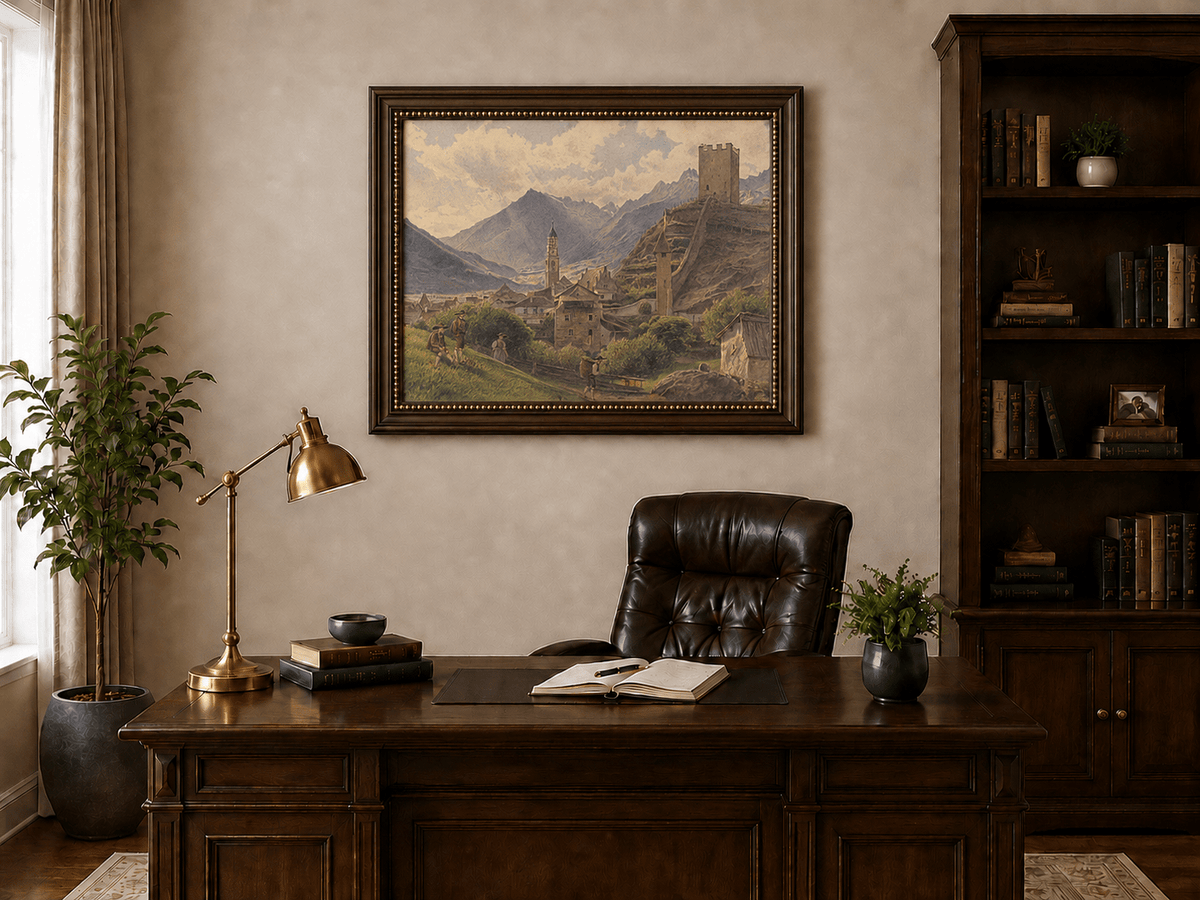 Landscape Oil Painting - Alpine Village with Castle and Peaks