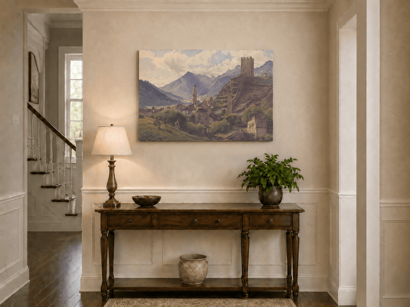 Landscape Oil Painting - Alpine Village with Castle and Peaks
