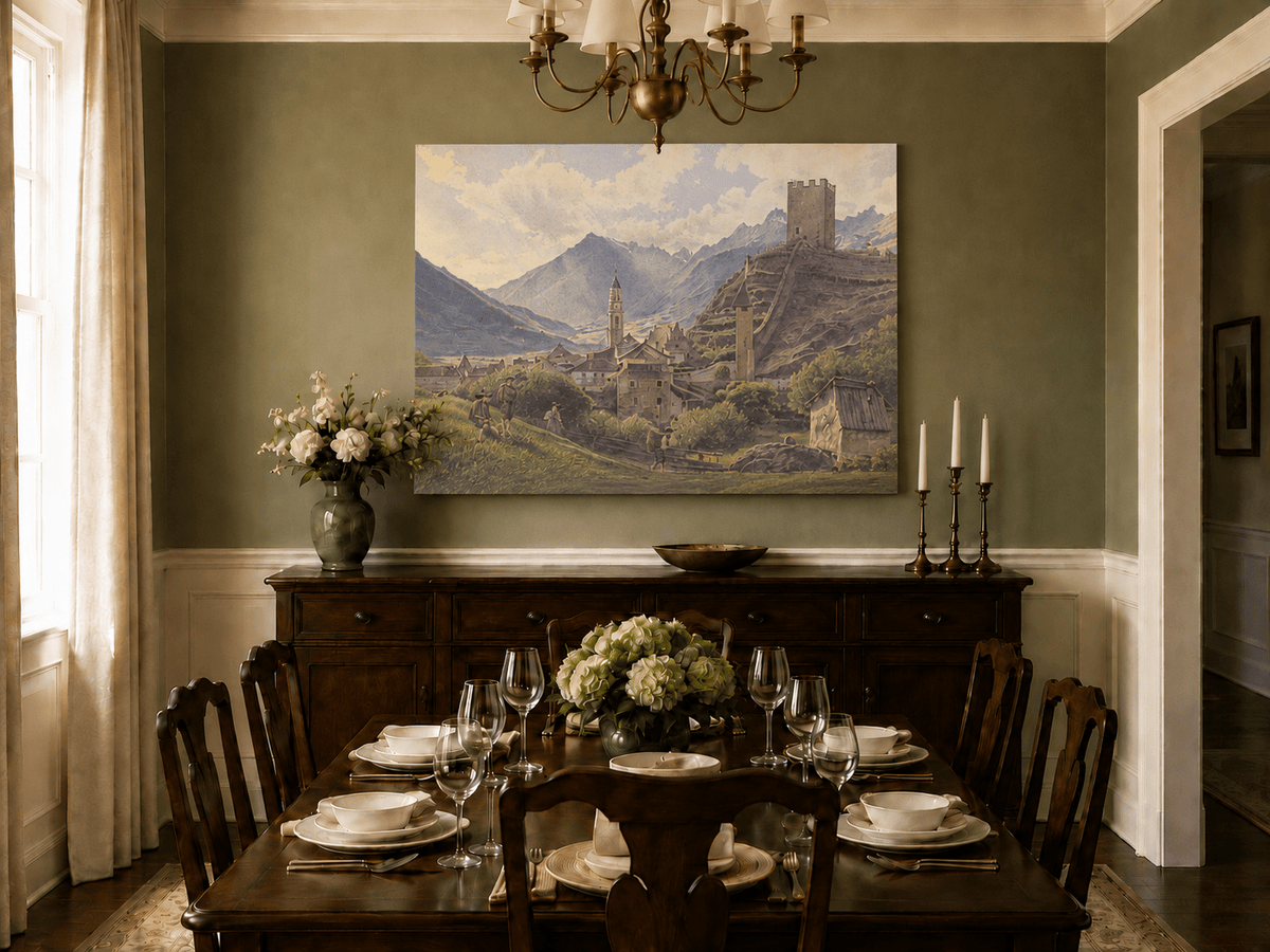 Landscape Oil Painting - Alpine Village with Castle and Peaks