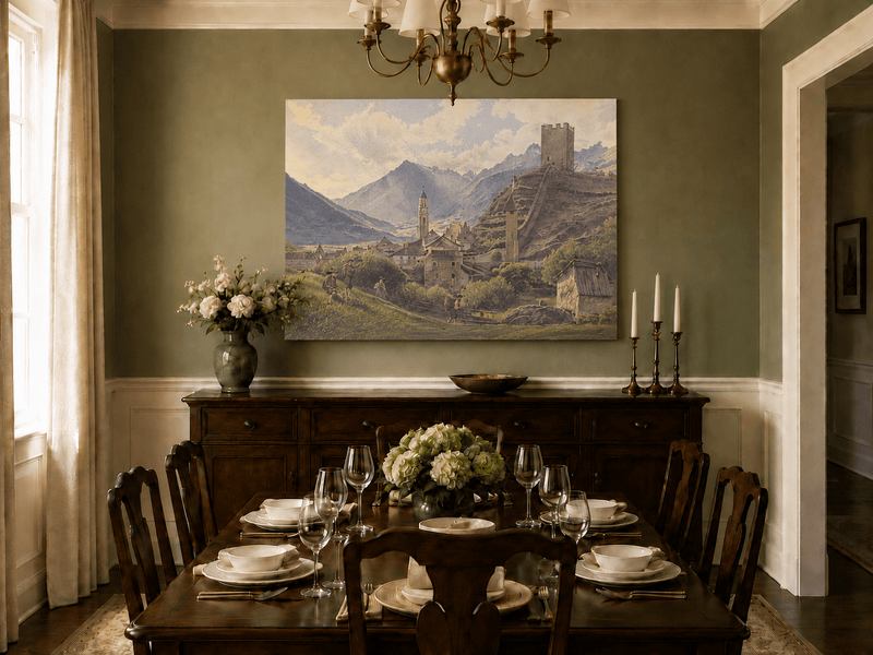 Landscape Oil Painting - Alpine Village with Castle and Peaks
