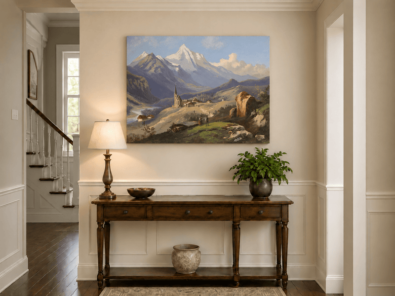 Landscape Oil Painting - Alpine Village with Church