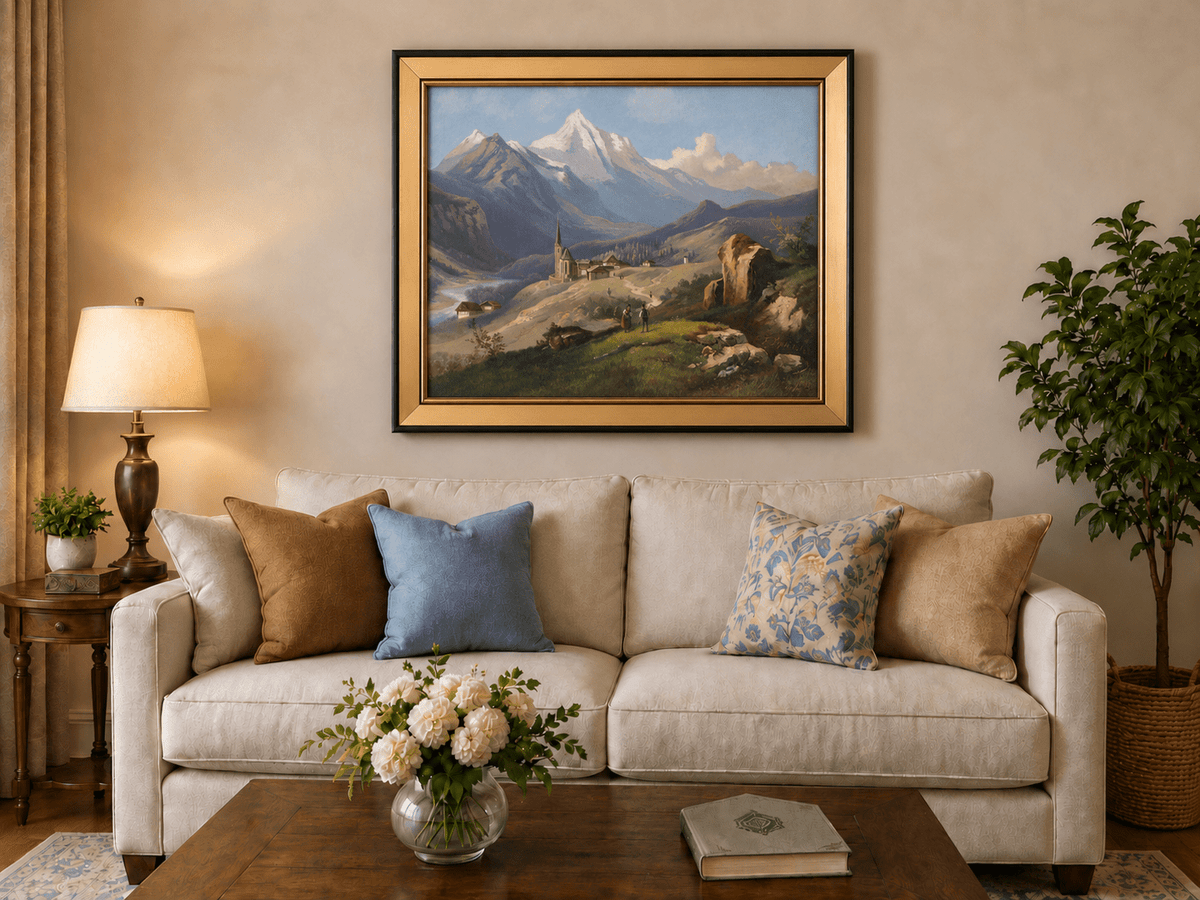 Landscape Oil Painting - Alpine Village with Church