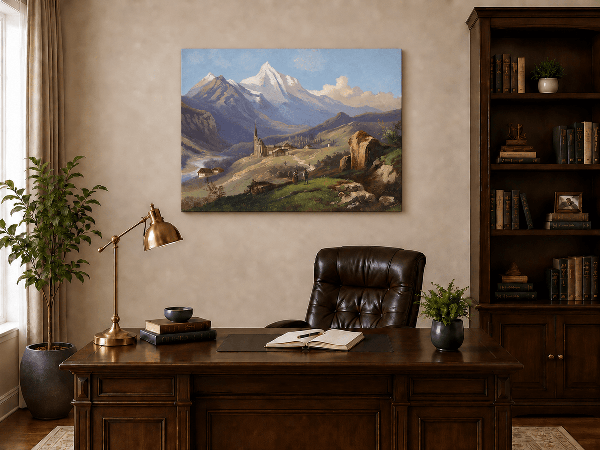Landscape Oil Painting - Alpine Village with Church