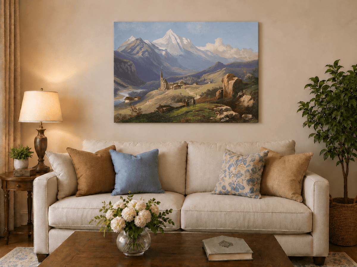 Landscape Oil Painting - Alpine Village with Church