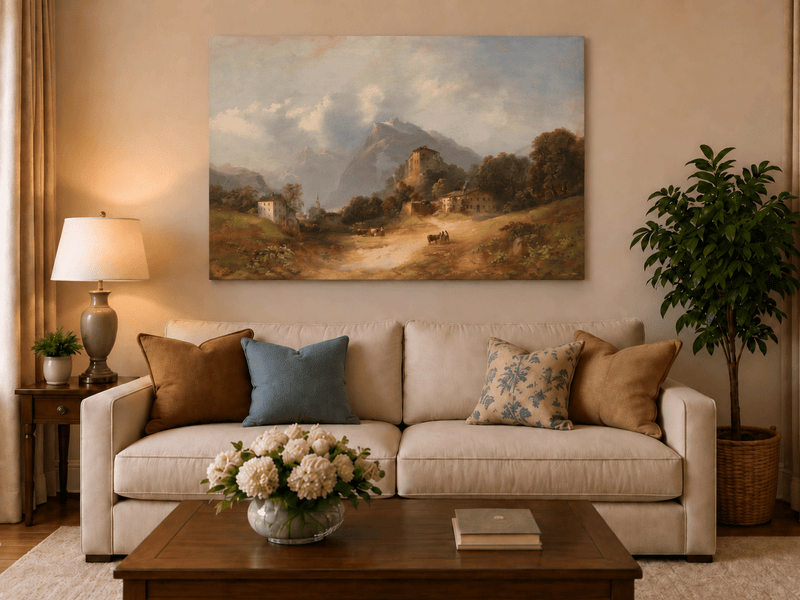 Landscape Oil Painting - Alpine Village with Mountain Path