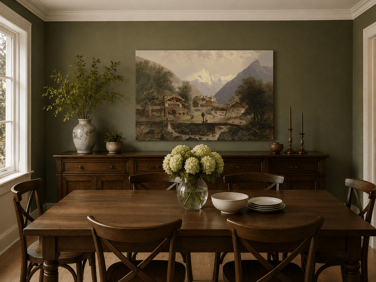 Hand-painted alpine village, cottages and stream landscape artwork in an interior display.