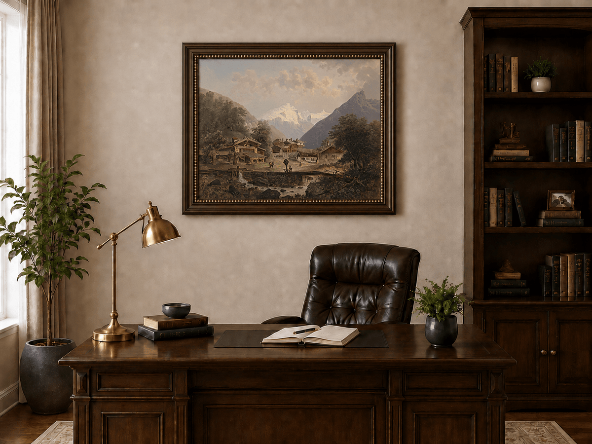 Alpine village with cottages and stream landscape oil painting presented in an interior wall art mockup.