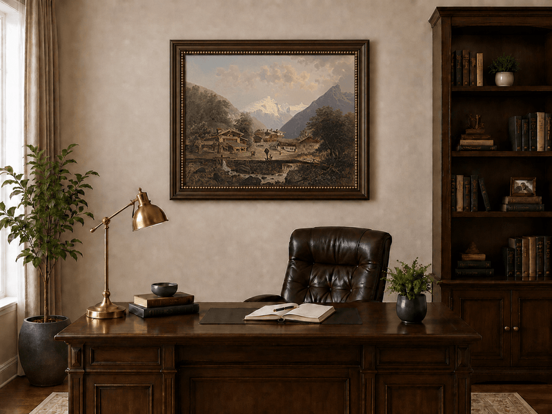 Alpine village with cottages and stream landscape oil painting presented in an interior wall art mockup.