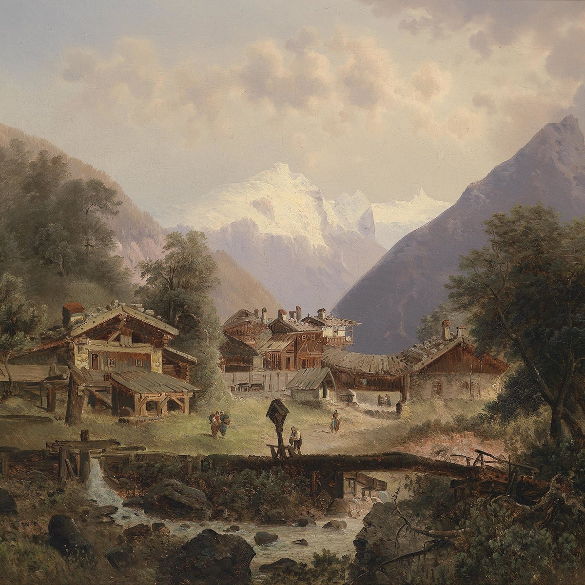 Landscape Oil Painting - Alpine Village, Wooden Cottages & Stream - Oil Painting Haven