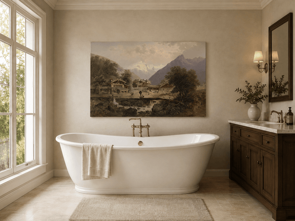 Alpine village with wooden cottages and stream landscape oil painting presented as styled home decor.