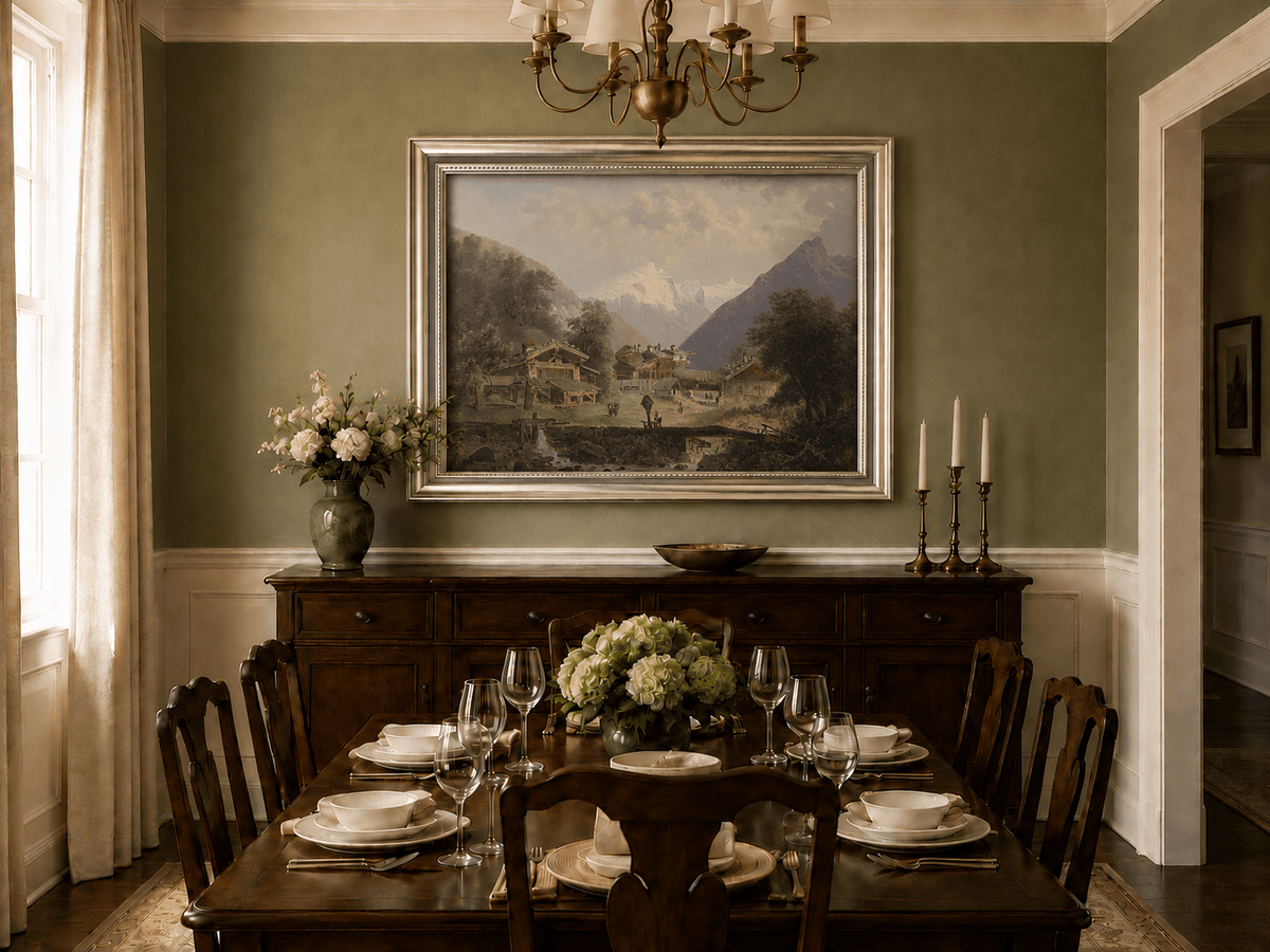 Alpine cottages and stream oil landscape artwork shown in a styled home interior.