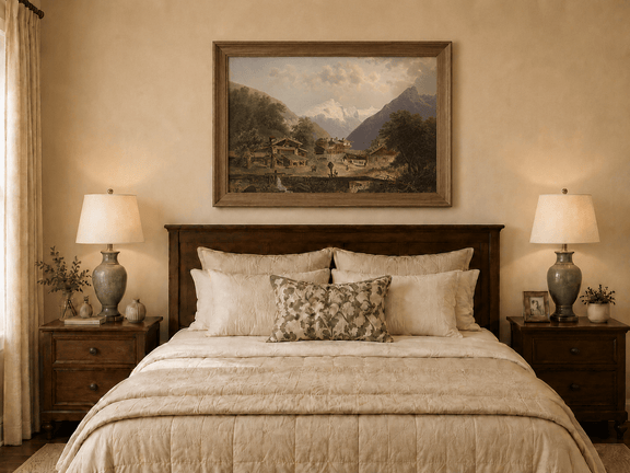 Hand-painted alpine village with wooden cottages artwork displayed as decorative wall art.