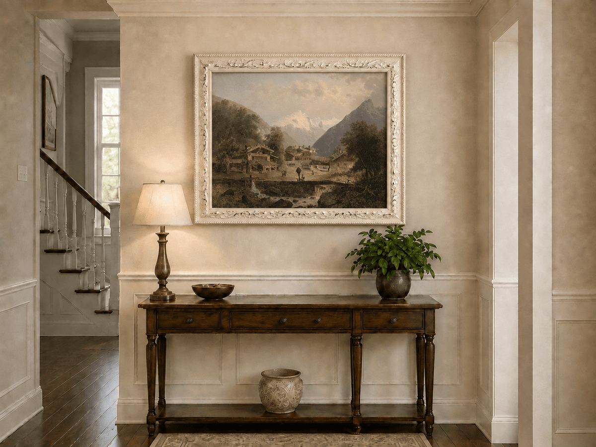 Alpine village, wooden cottages and stream hand-painted oil artwork shown as home wall decor.