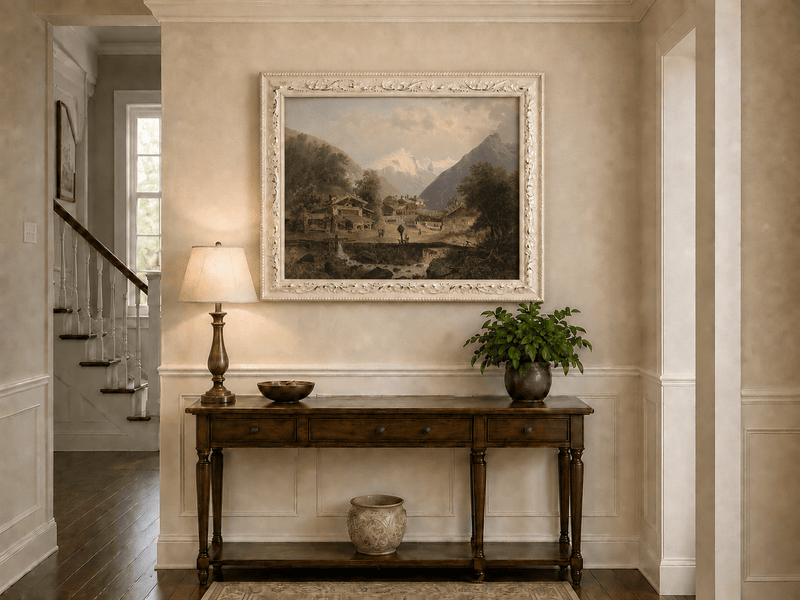 Alpine village, wooden cottages and stream hand-painted oil artwork shown as home wall decor.