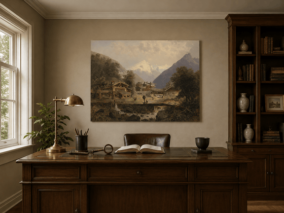Interior wall art view featuring an alpine village with wooden cottages and stream oil painting.