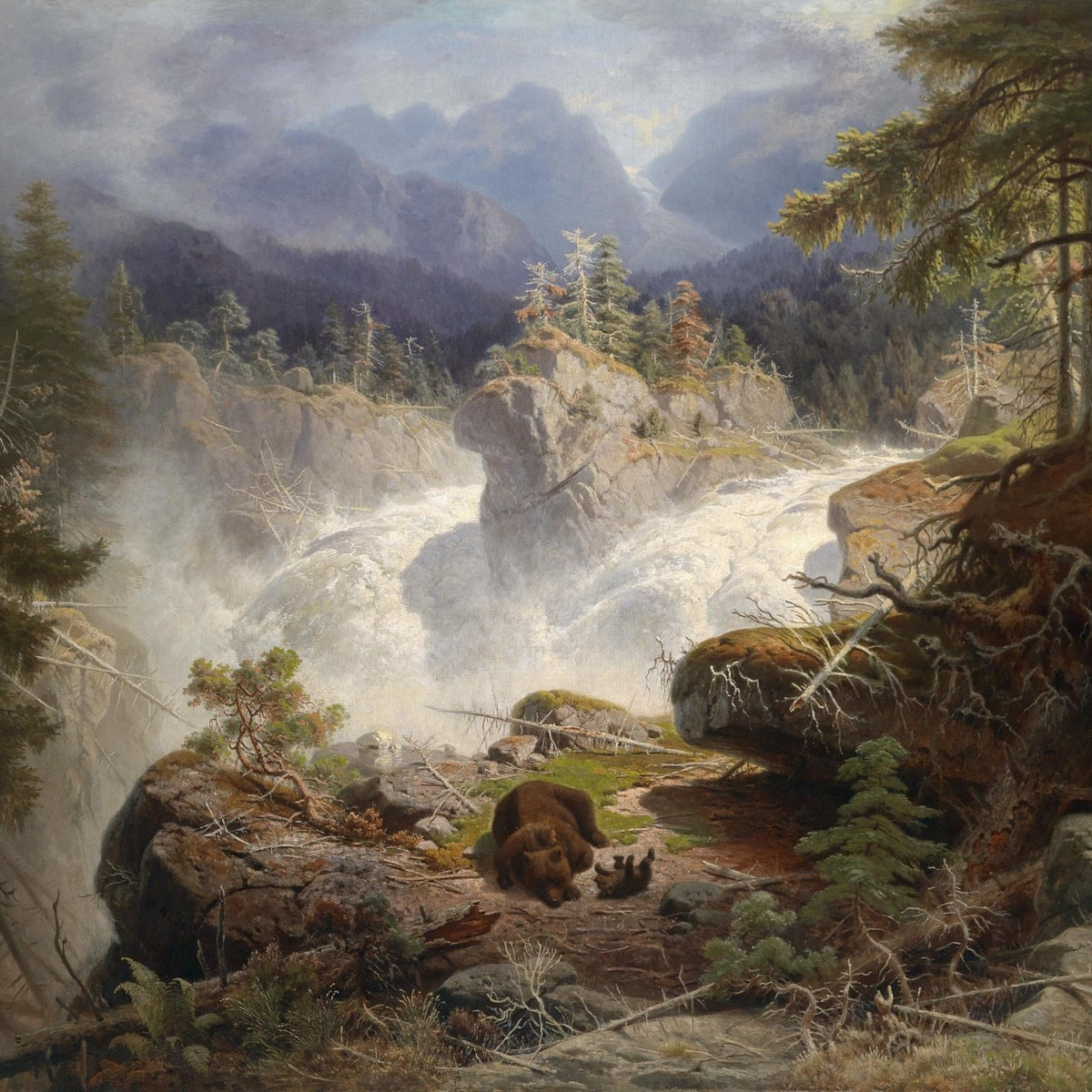 Landscape Oil Painting - Alpine Waterfall, Bear & Cubs, Forest Rocks - Oil Painting Haven