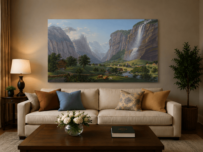 Landscape Oil Painting - Alpine Waterfall Valley and Village
