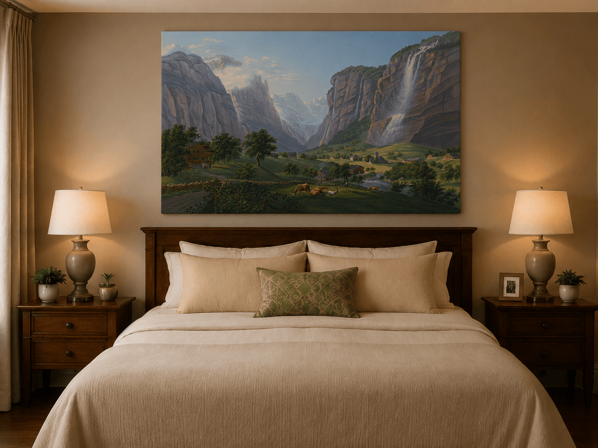 Landscape Oil Painting - Alpine Waterfall Valley and Village