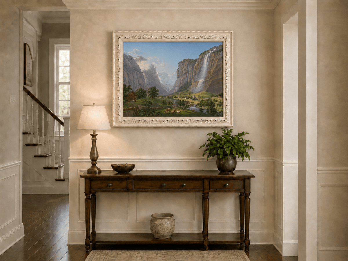 Landscape Oil Painting - Alpine Waterfall Valley and Village