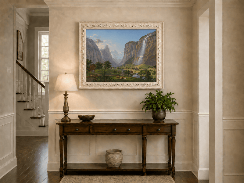 Landscape Oil Painting - Alpine Waterfall Valley and Village