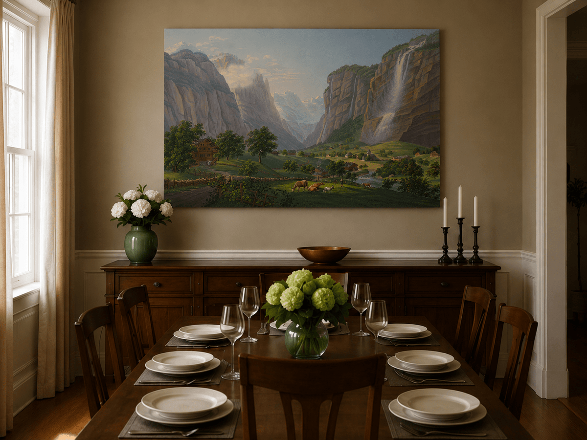 Landscape Oil Painting - Alpine Waterfall Valley and Village