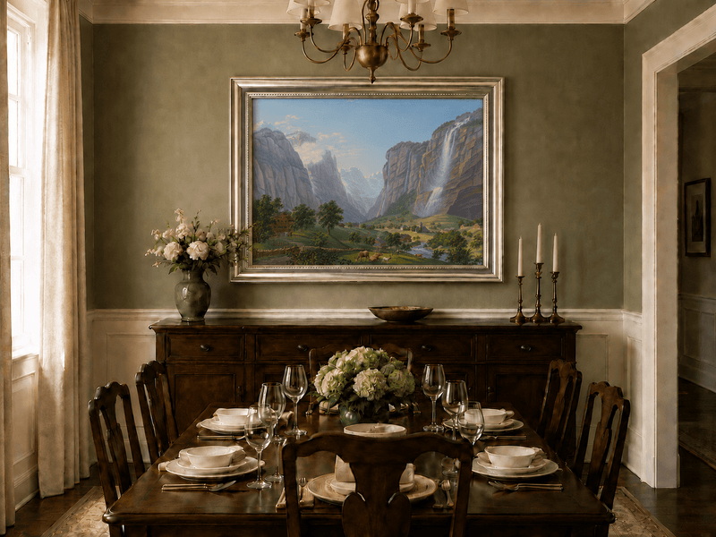 Landscape Oil Painting - Alpine Waterfall Valley and Village