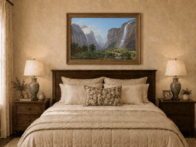 Landscape Oil Painting - Alpine Waterfall Valley and Village