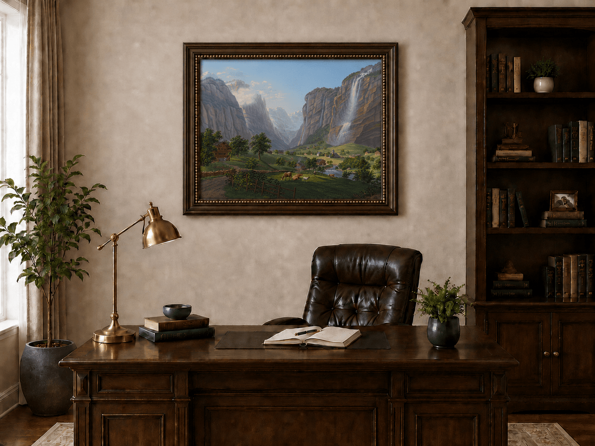 Landscape Oil Painting - Alpine Waterfall Valley and Village