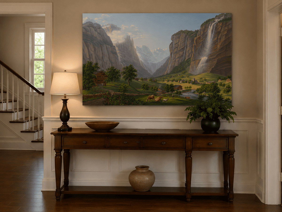 Landscape Oil Painting - Alpine Waterfall Valley and Village