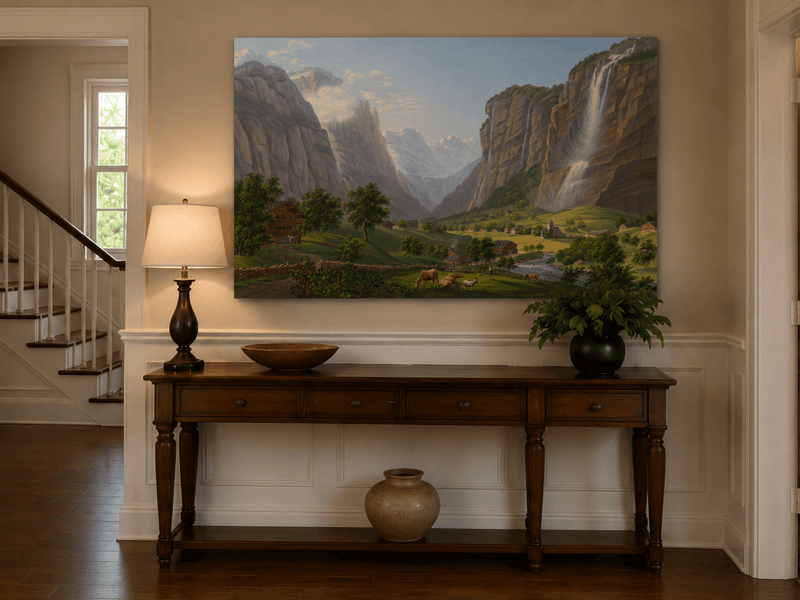 Landscape Oil Painting - Alpine Waterfall Valley and Village
