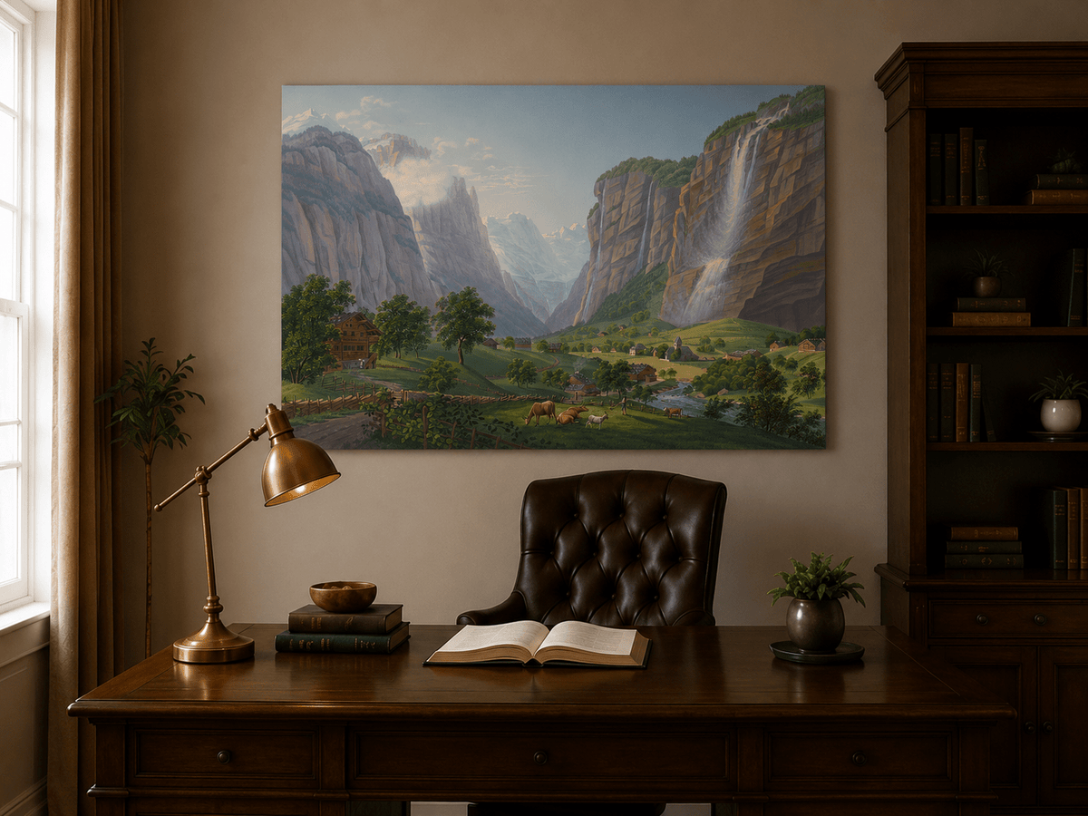 Landscape Oil Painting - Alpine Waterfall Valley and Village