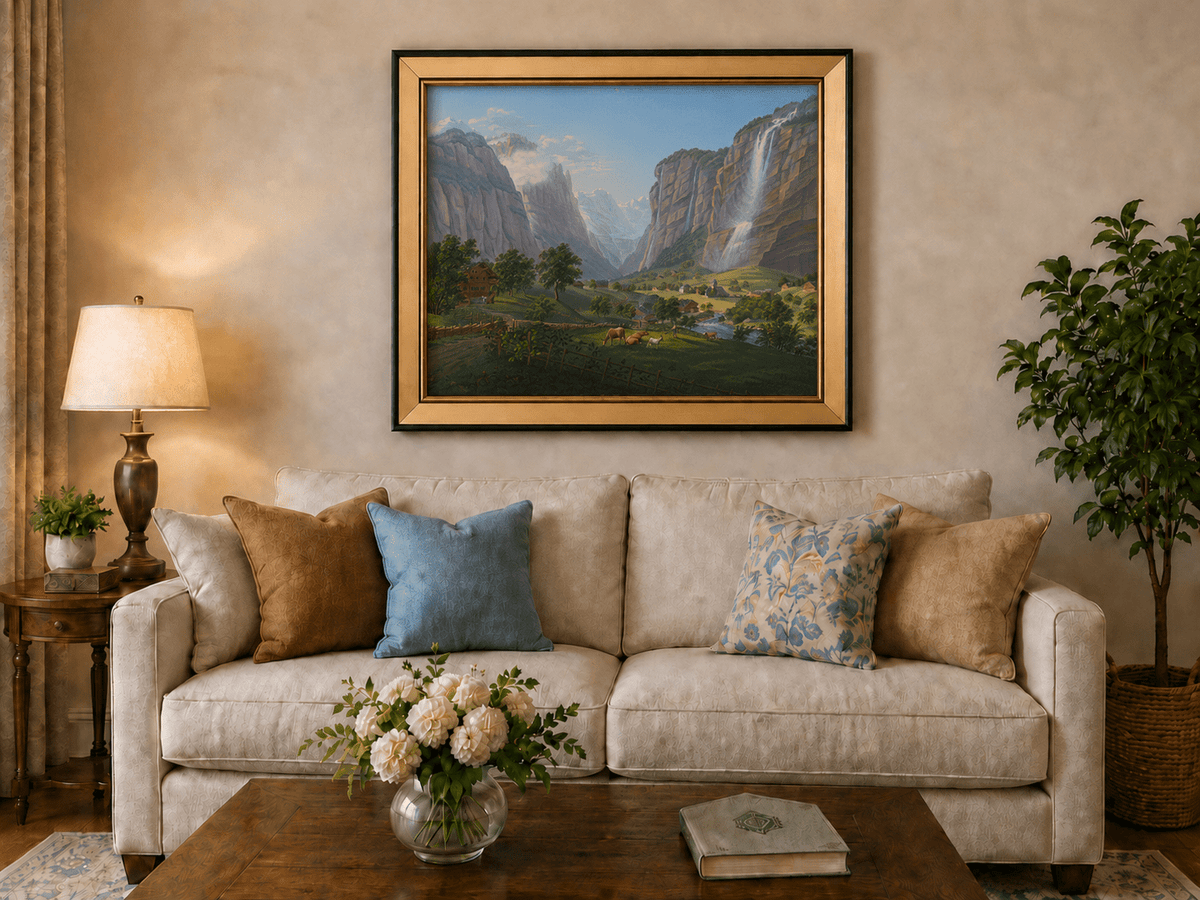 Landscape Oil Painting - Alpine Waterfall Valley and Village