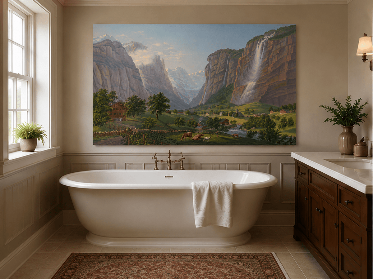 Landscape Oil Painting - Alpine Waterfall Valley and Village