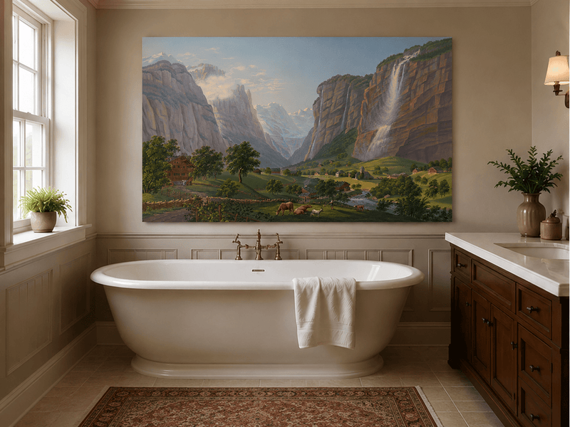 Landscape Oil Painting - Alpine Waterfall Valley and Village