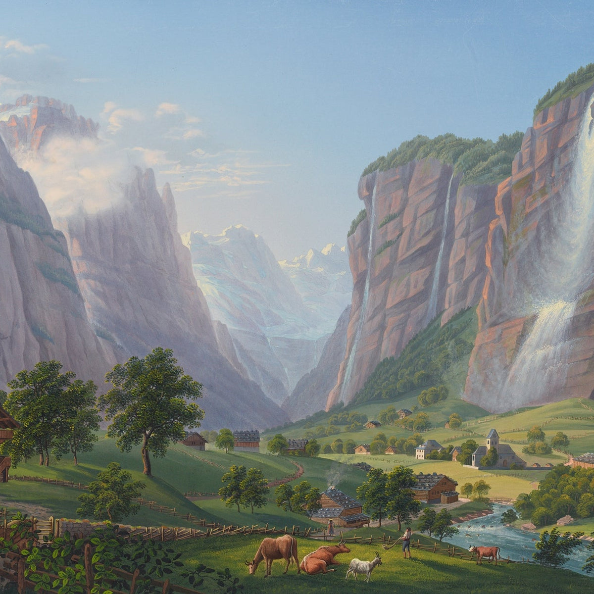 Landscape Oil Painting - Alpine Waterfall Valley and Village - Oil Painting Haven