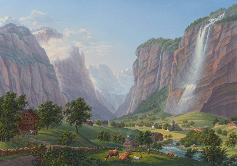 Landscape Oil Painting - Alpine Waterfall Valley and Village - Oil Painting Haven