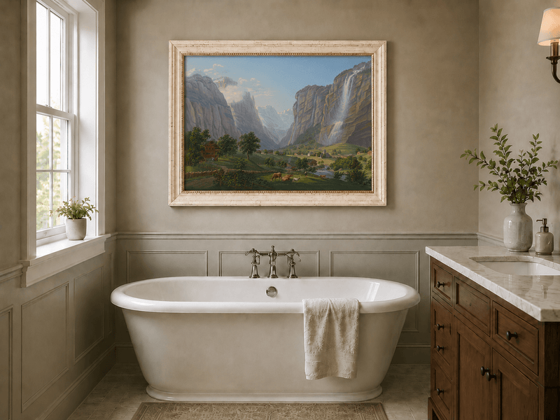 Landscape Oil Painting - Alpine Waterfall Valley and Village